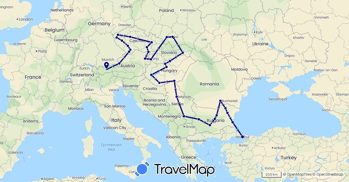 TravelMap itinerary: driving in Austria, Bulgaria, Czech Republic, Hungary, Poland, Romania, Serbia, Slovakia, Turkey (Asia, Europe)