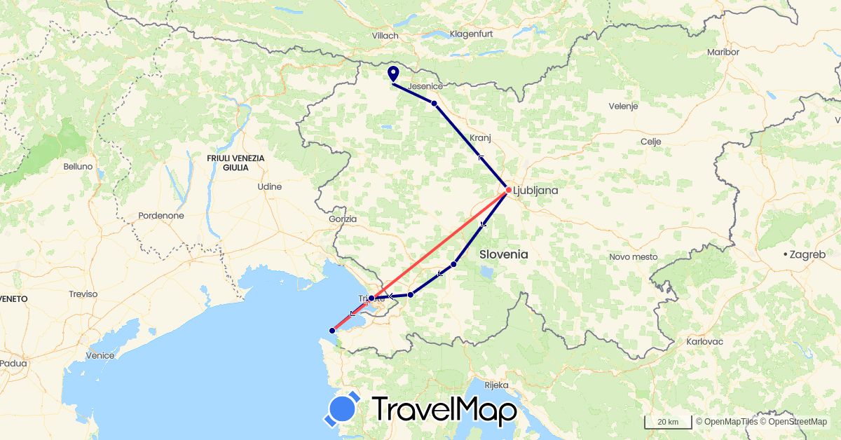 TravelMap itinerary: driving, hiking in Italy, Slovenia (Europe)