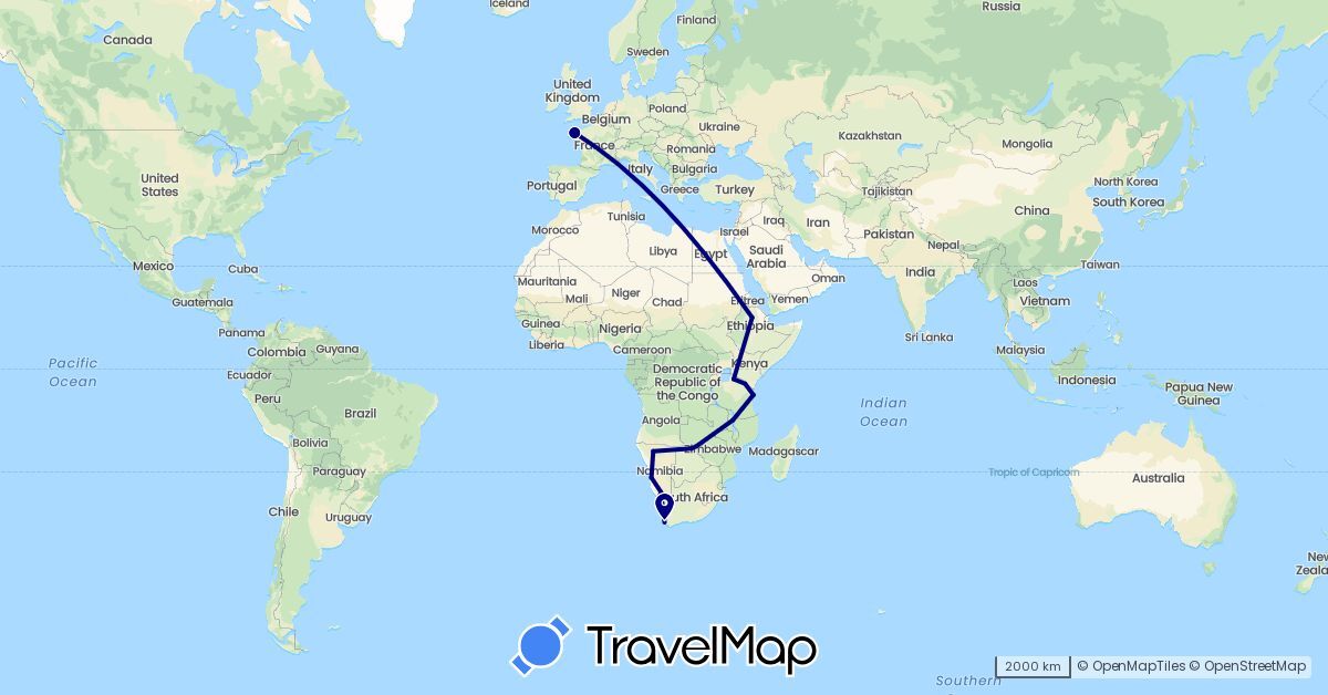 TravelMap itinerary: driving in Botswana, Ethiopia, France, Mozambique, Namibia, Tanzania, South Africa, Zambia (Africa, Europe)